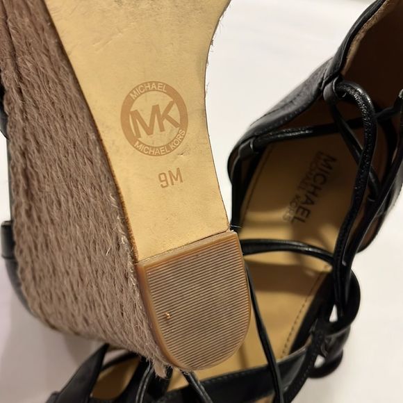 Michael Kors Leather Espadrille Lace Up Black Wedge Sandals size 9 - Picture 11 of 13